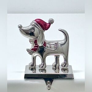 Vtg Silver Tone Metal Santa Claus Dog Christmas Mantel Mounting Stocking Hanger